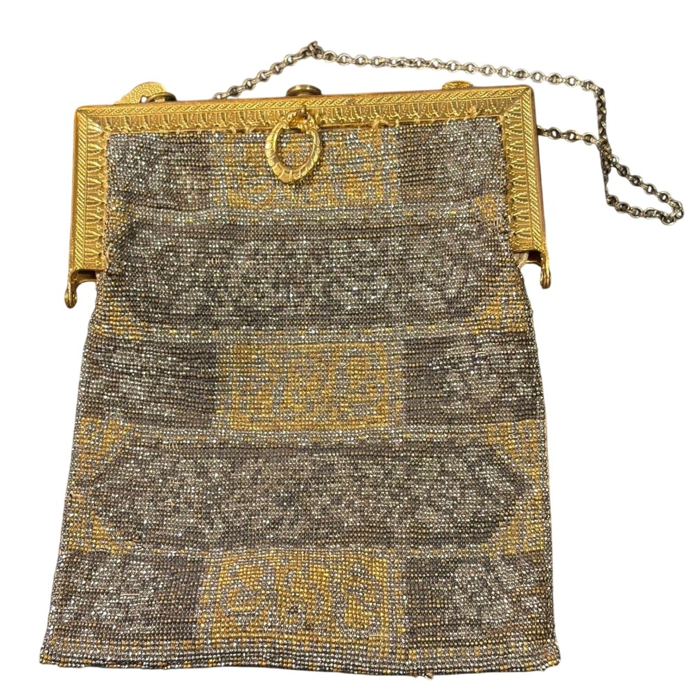 Antique French Micro Beaded Evening Bag Gold Silver Geometric Metal Frame 5.5x7